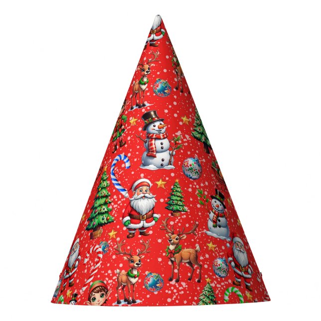 Red Background Christmas Decorative Pattern Party Hat (Front)
