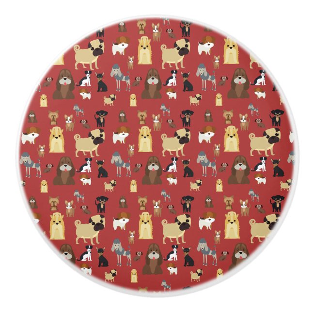 red background dogs pattern. ceramic knob (Front)