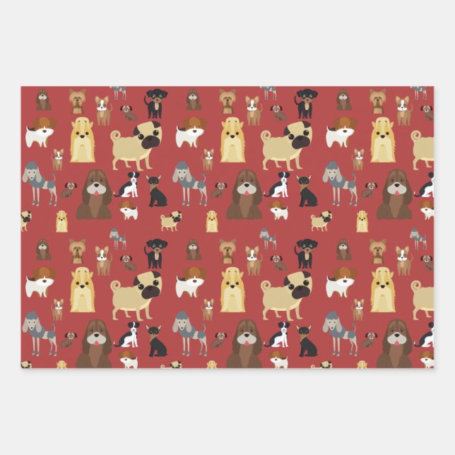 red background dogs pattern wrapping paper sheet (Front)