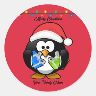Red Background penguin holding Christmas presents Classic Round Sticker
