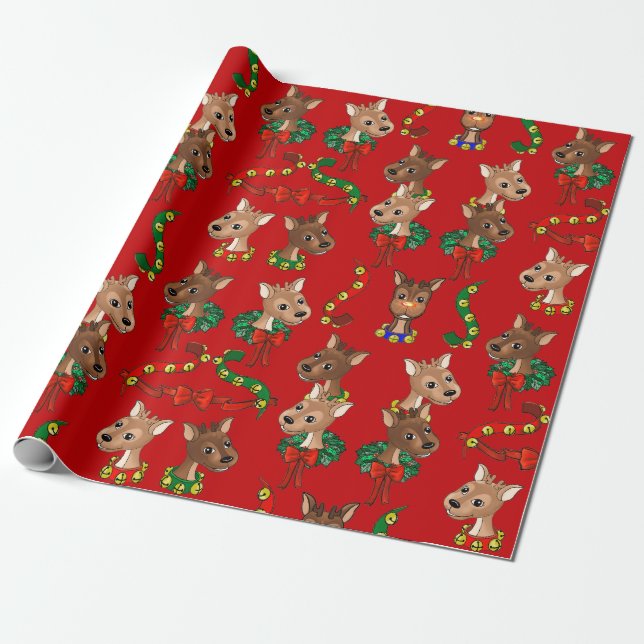 Red background Reindeer Team Wrapping Paper (Unrolled)