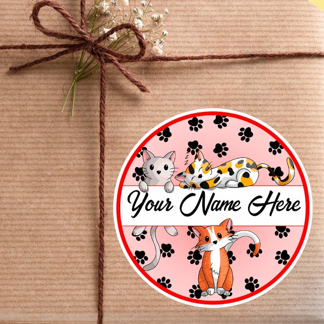 Red background with Cute kittens Classic Round Sticker (Creator Uploaded)