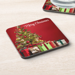 Red Background With Decorative Christmas Tree Coaster