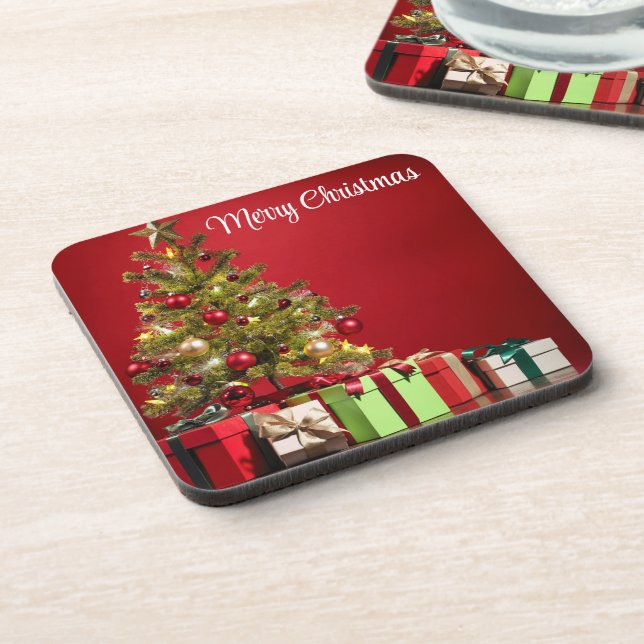 Red Background With Decorative Christmas Tree Coaster (Left Side)