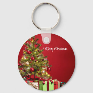 Red Background With Decorative Christmas Tree Key Ring