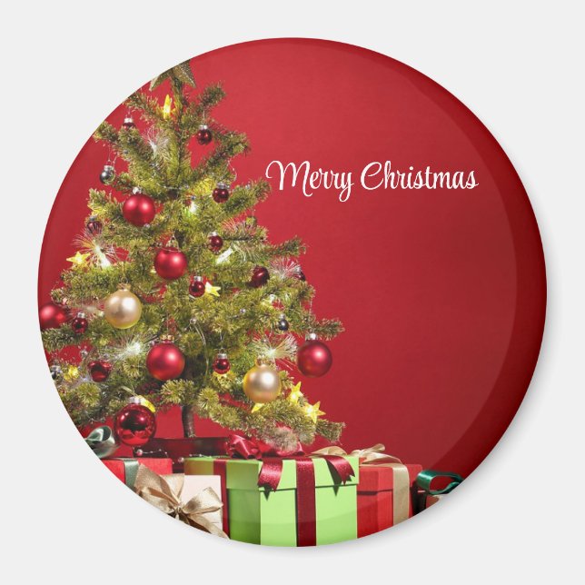 Red Background With Decorative Christmas Tree Magnet (Front)
