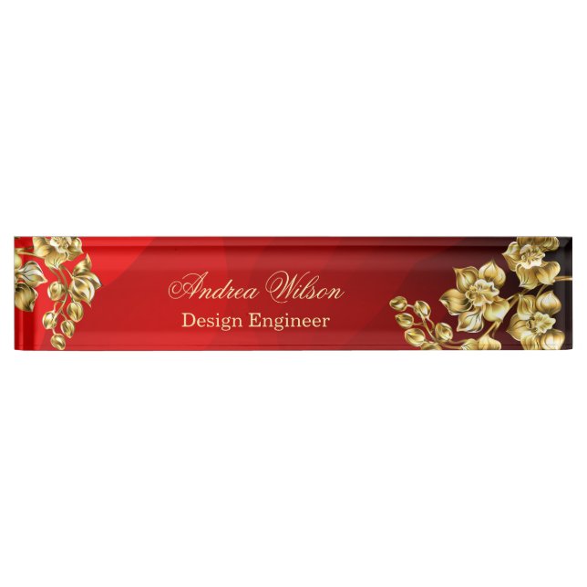 Red background with gold roses personalised nameplate (Front)