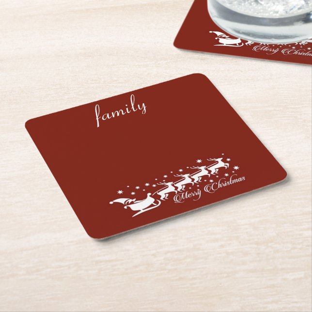 Red Background with Santa Claus and Reindeer Square Paper Coaster (Angled)
