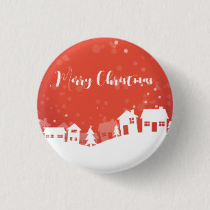Red Background with Snowflakes and Houses 3 Cm Round Badge