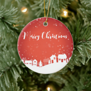 Red Background with Snowflakes and Houses Ceramic Ornament