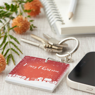 Red Background with Snowflakes and Houses Key Ring