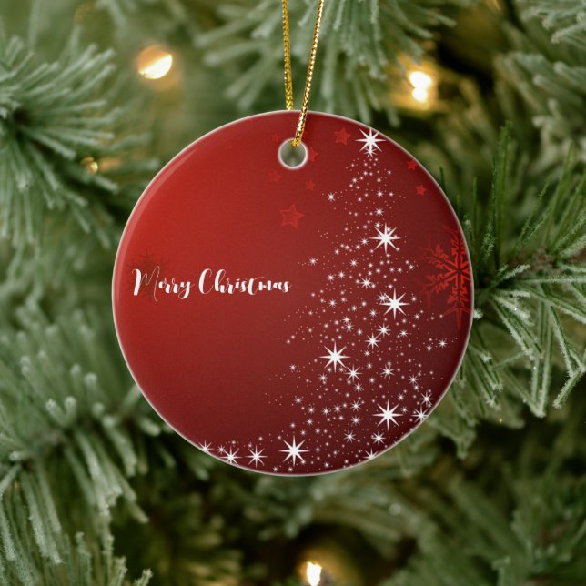 Red Background with Starry Christmas Tree Ceramic Ornament (Tree)