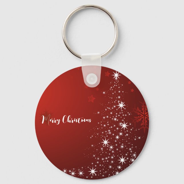 Red Background with Starry Christmas Tree Key Ring (Front)