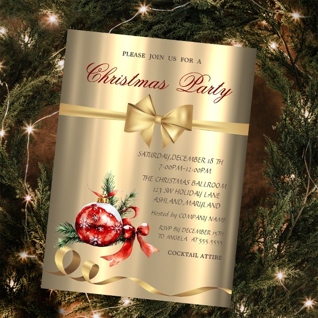 Red Ball,Bow, Gold Christmas Party  Invitation (Creator Uploaded)