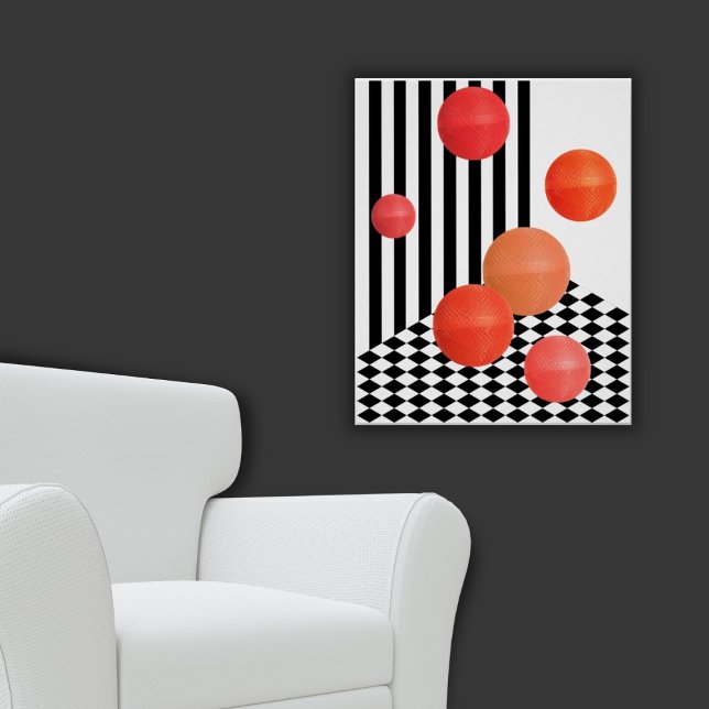 Red Ball Collage Black & White Stripes Chequered Poster (Red Bouncing Balls Poster)