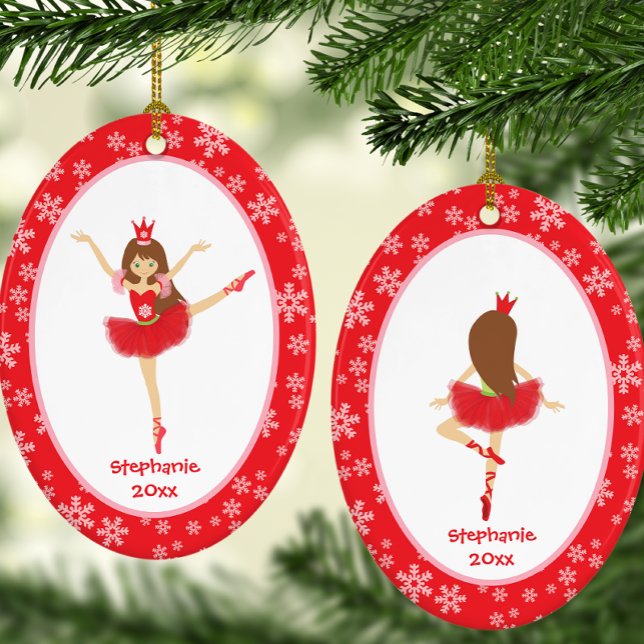 Red Ballerina Girl Personalised Christmas Ceramic Ornament (Personalized Red Ballerina Snowflake Christmas Ceramic Ornament)