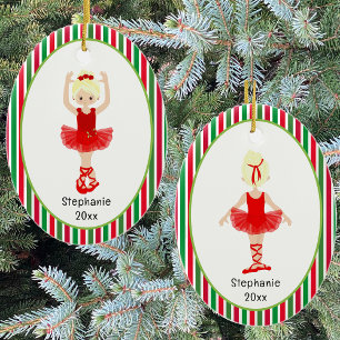 Red Ballerina Stripes Personalised Christmas Ceramic Ornament