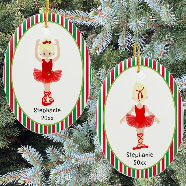 Red Ballerina Stripes Personalised Christmas Ceramic Ornament (Red Ballerina Stripes Personalized Christmas Ceramic Ornament)
