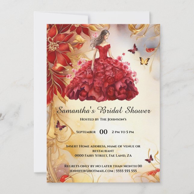 Red ballgown floral flower bride to be bridal  invitation (Front)