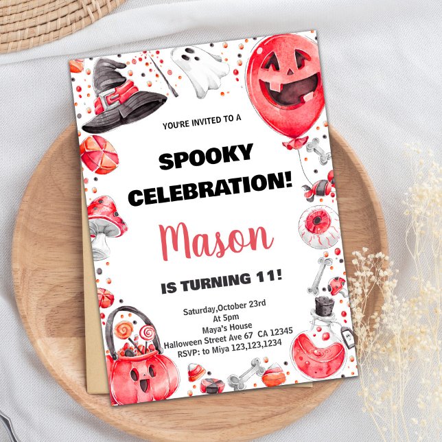 Red Ballon Halloween Birthday Invitations (Red Ballon Halloween Birthday Invitations)