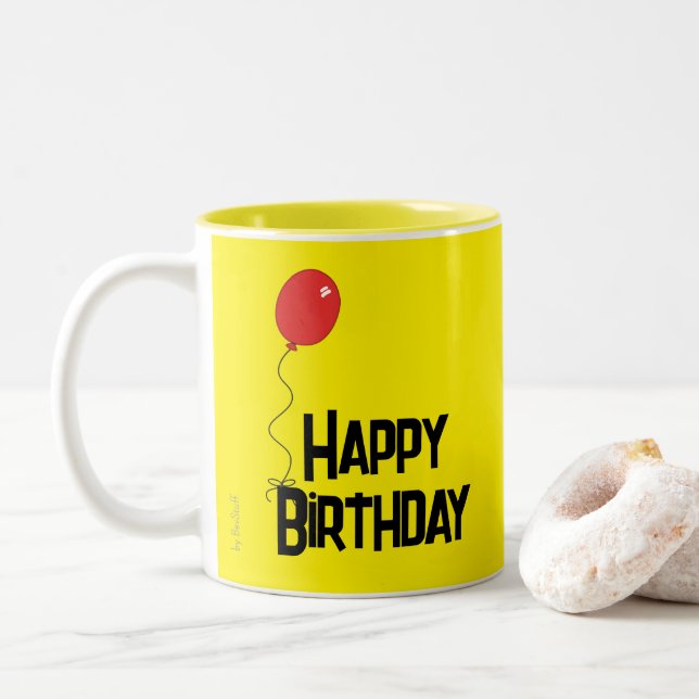 Red Balloon Happy Birthday Yellow Mug (With Donut)