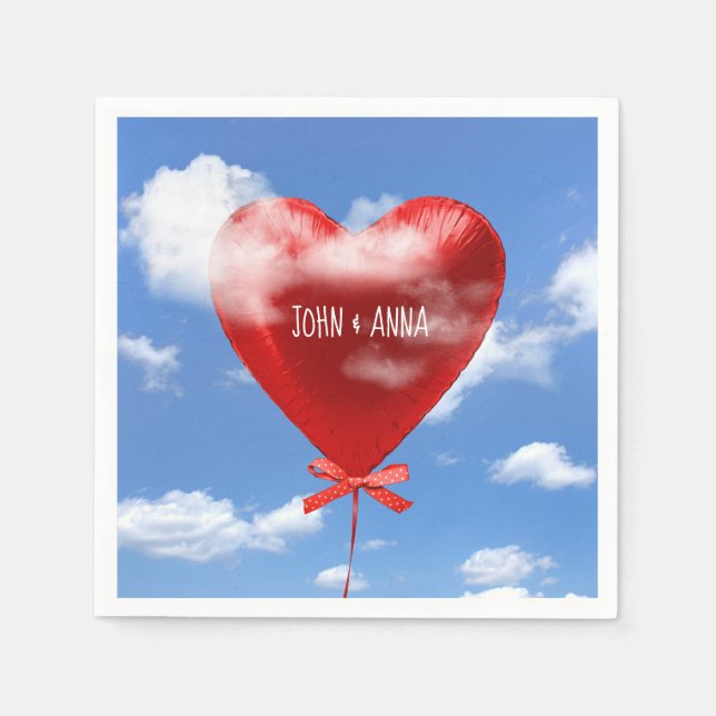 red balloon heart in clouds for anniversary napkin (Front)