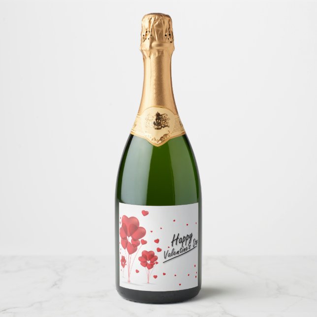 Red Balloon Hearts with Happy Valentine's Day Sparkling Wine Label (Front)