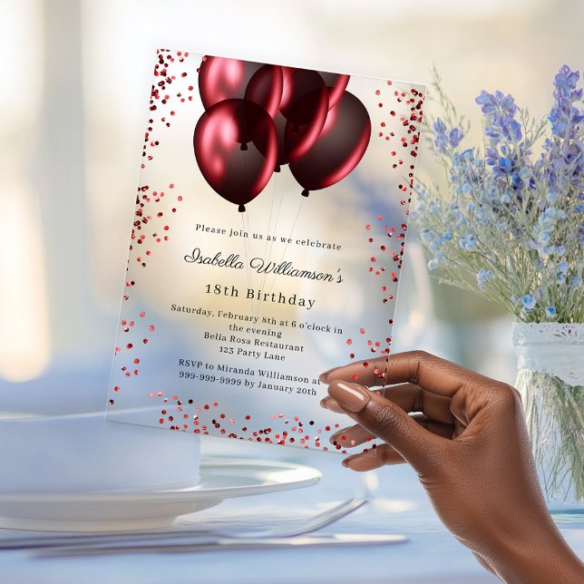 Red balloons clear luxury birthday  acrylic invitations (Creator Uploaded)