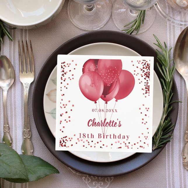Red balloons confetti white birthday party napkin (Creator Uploaded)