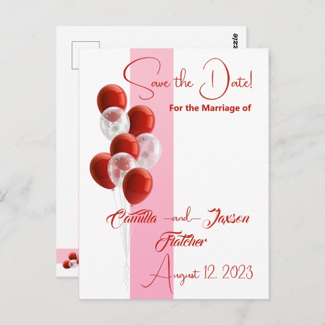 Red Balloons. Elegant Save the Date card  (Front/Back)