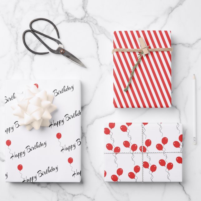 Red Balloons & Stripes Happy Birthday Occasion Wrapping Paper Sheet (Front)