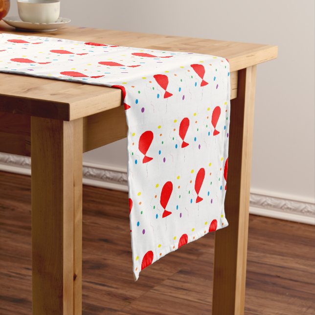 Red balloons with colourful confetti pattern medium table runner (In Situ)