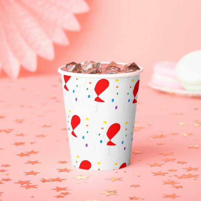 Red balloons with colourful confetti pattern paper cups (Insitu)