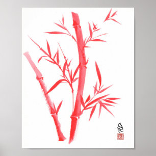 Red Bamboo Chinese Brush Art Poster
