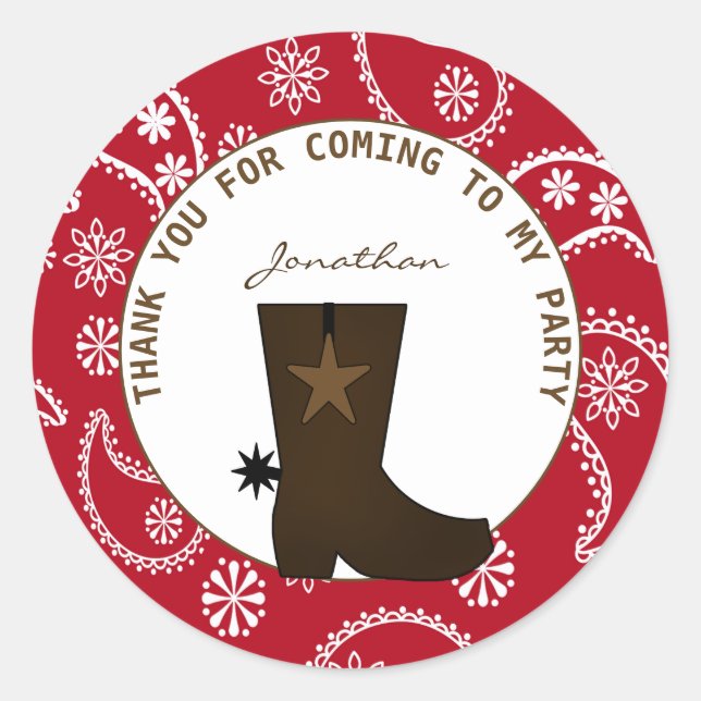     Red Bandanna Cowboy Boot Personalised Birthday Classic Round Sticker (Front)