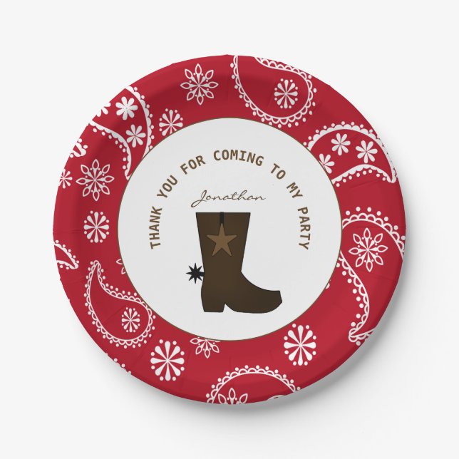     Red Bandanna Cowboy Boot Personalised Birthday Paper Plate (Front)