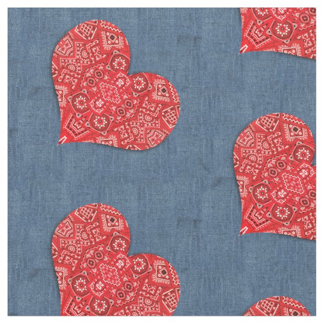Red Bandanna Heart Denim Combo Fabric (Close Up)