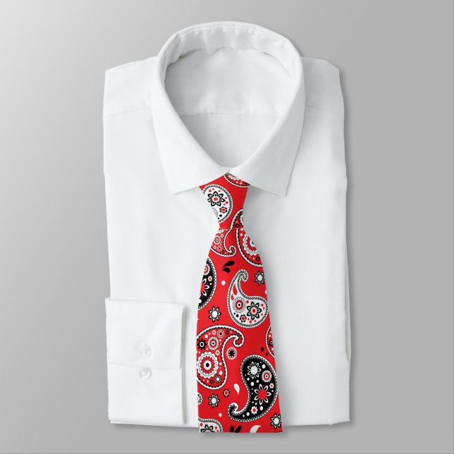 Red Bandanna Paisley Elegant Country Western Tie (Tied)