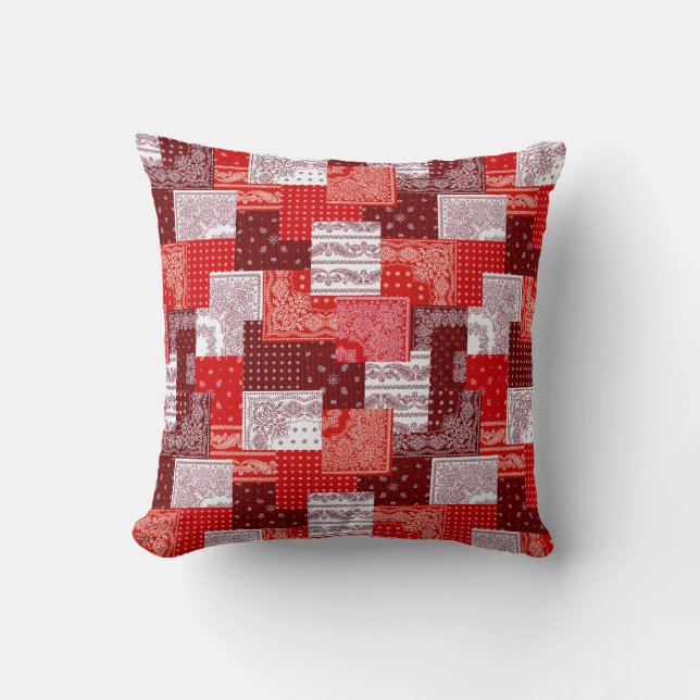 Red Bandanna Patchwork Paisley Sewing Pattern Cushion (Front)