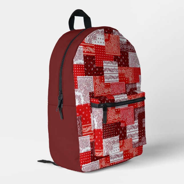 Red Bandanna Patchwork Paisley Sewing Pattern Printed Backpack (Back Corner Left)