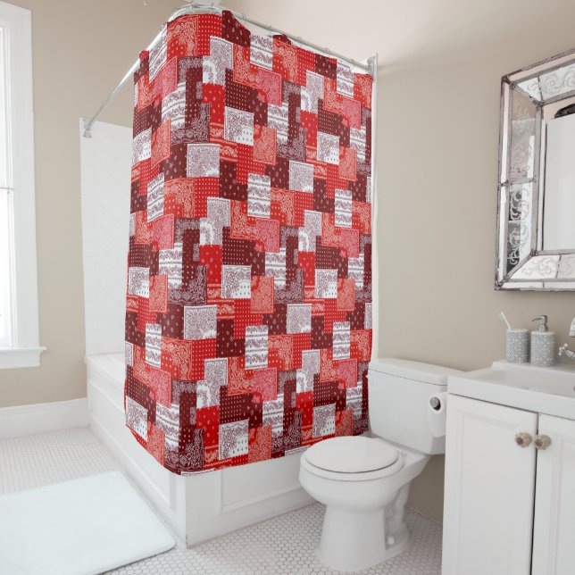 Red Bandanna Patchwork Paisley Sewing Pattern Shower Curtain (In Situ)