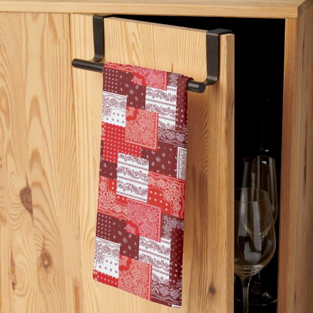 Red Bandanna Patchwork Paisley Sewing Pattern Tea Towel (Thirds Fold)