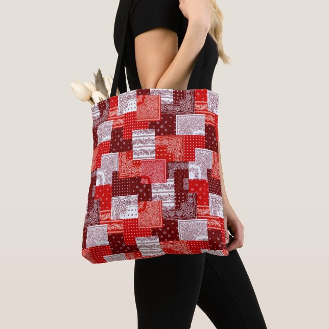 Red Bandanna Patchwork Paisley Sewing Pattern Tote Bag (Close Up)