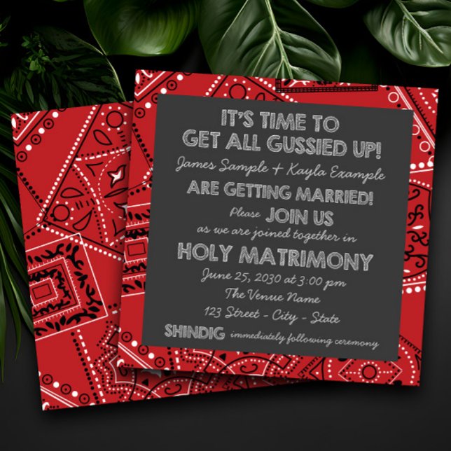 Red Bandanna Rustic Country Chalkboard Wedding Invitation (Fun rustic cowboy red bandana wedding invitation. Simply add your details.)