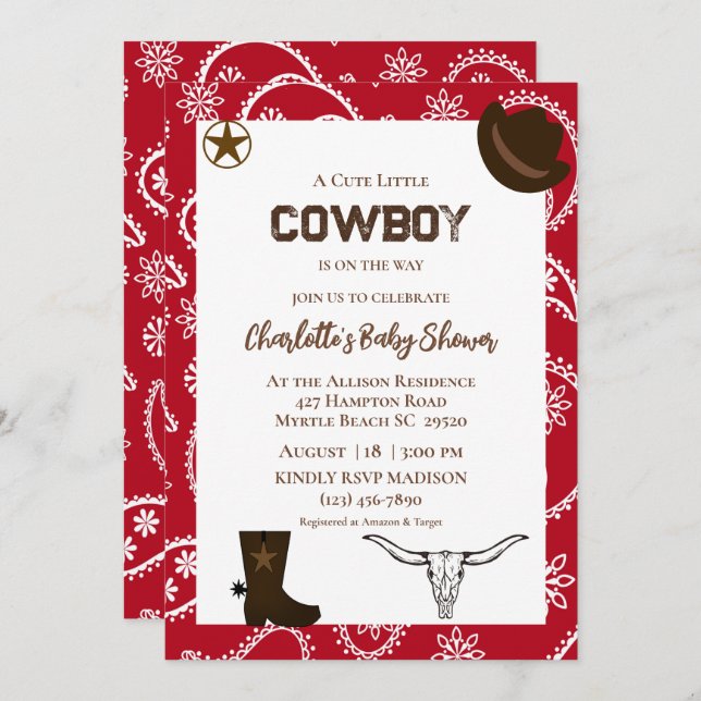 Red Bandanna Western Cowboy Birthday Invitation (Front/Back)