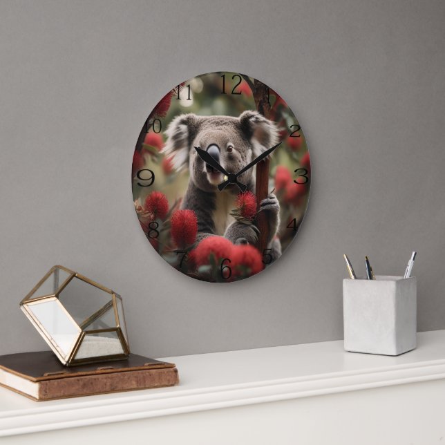 Red Banksia Tree With Koala Bear, Large Clock (Office)