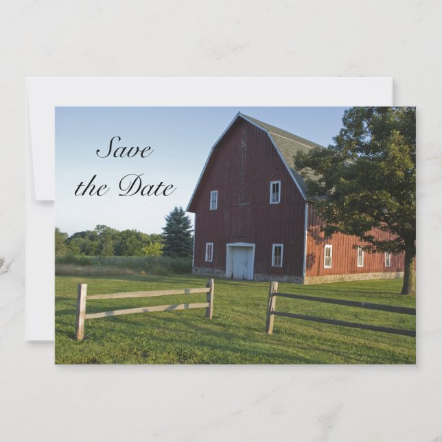 Red Barn and Fence Country Wedding Save the Date Invitation (Front)