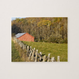 Red barn and fencerow along the Blue ridge Jigsaw Puzzle
