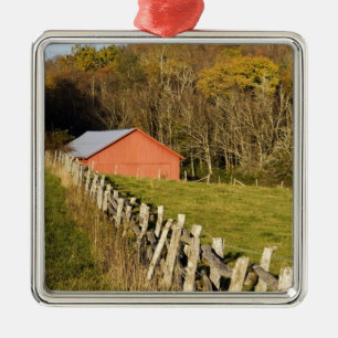 Red barn and fencerow along the Blue ridge Metal Tree Decoration
