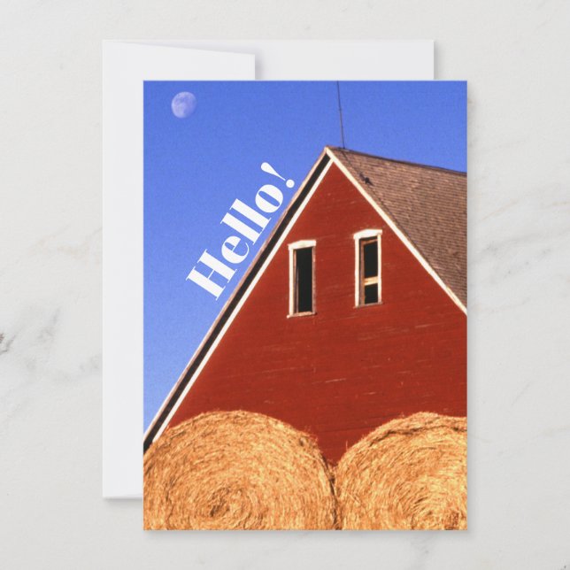 Red Barn and Hay Bales with Moon Note Cards (Front)